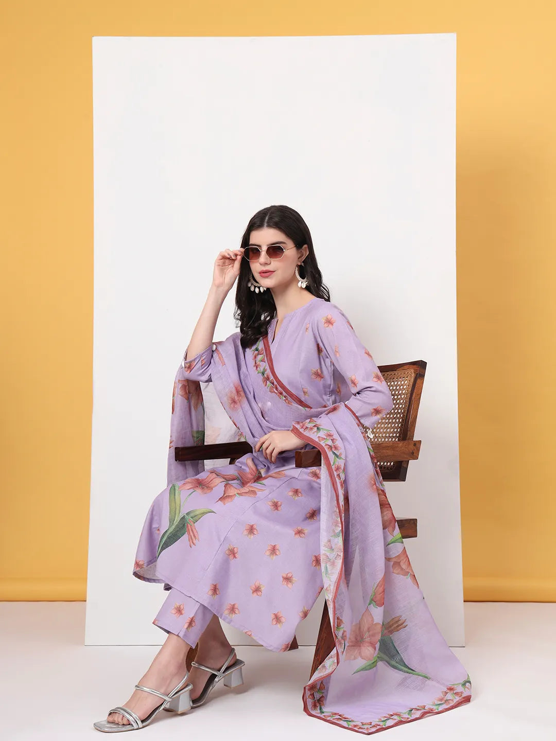 Yufta Lavender Linen Cotton A Line Kurta Dupatta Pant Set