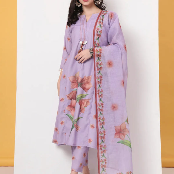 Yufta Lavender Linen Cotton A Line Kurta Dupatta Pant Set - Distacart