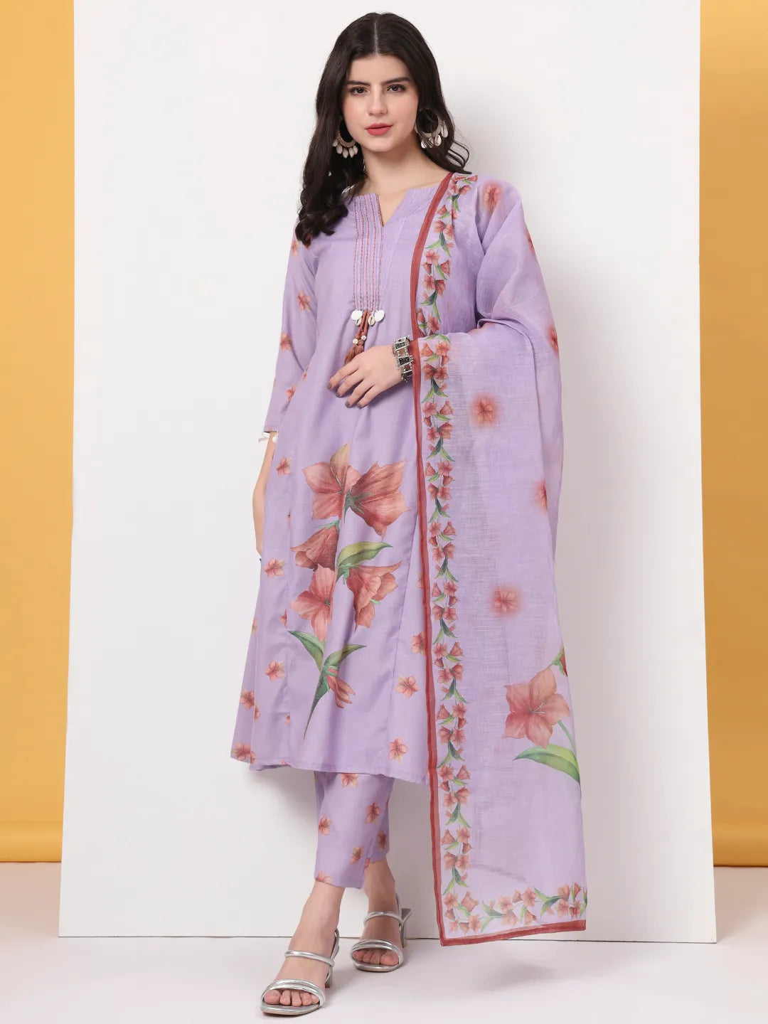 Yufta Lavender Linen Cotton A Line Kurta Dupatta Pant Set - Distacart