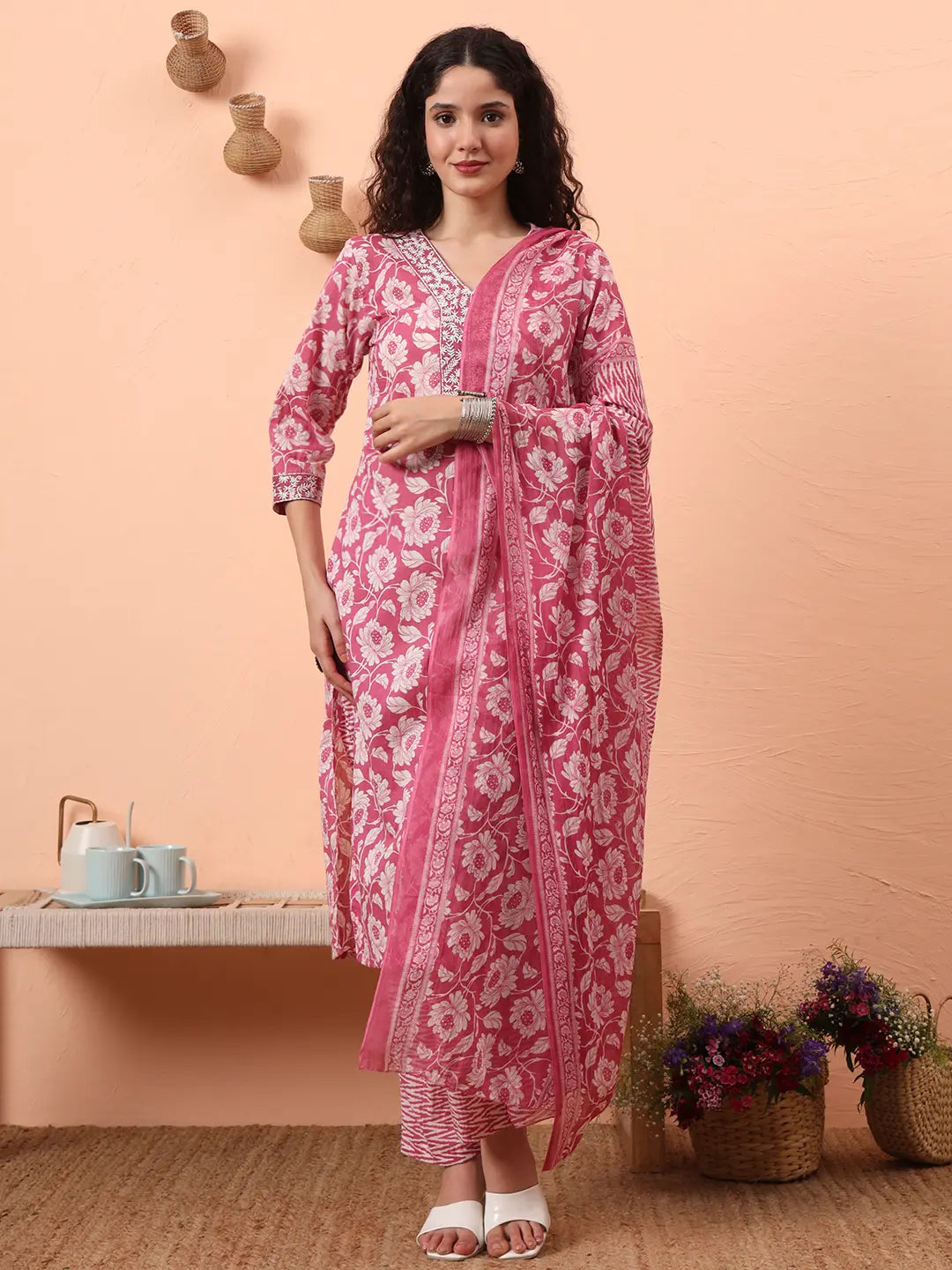 Yufta Lavender Pure Cotton Straight Floral,Kantha Work Kurta Pant Set - Distacart