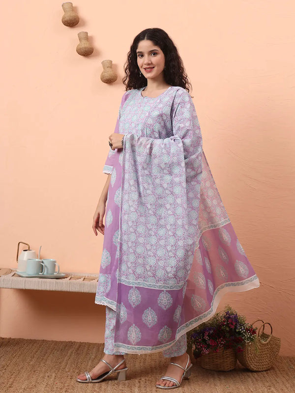 Yufta Lavender Straight Ethnic Motifs Zari Kurta Trouser Dupatta Set