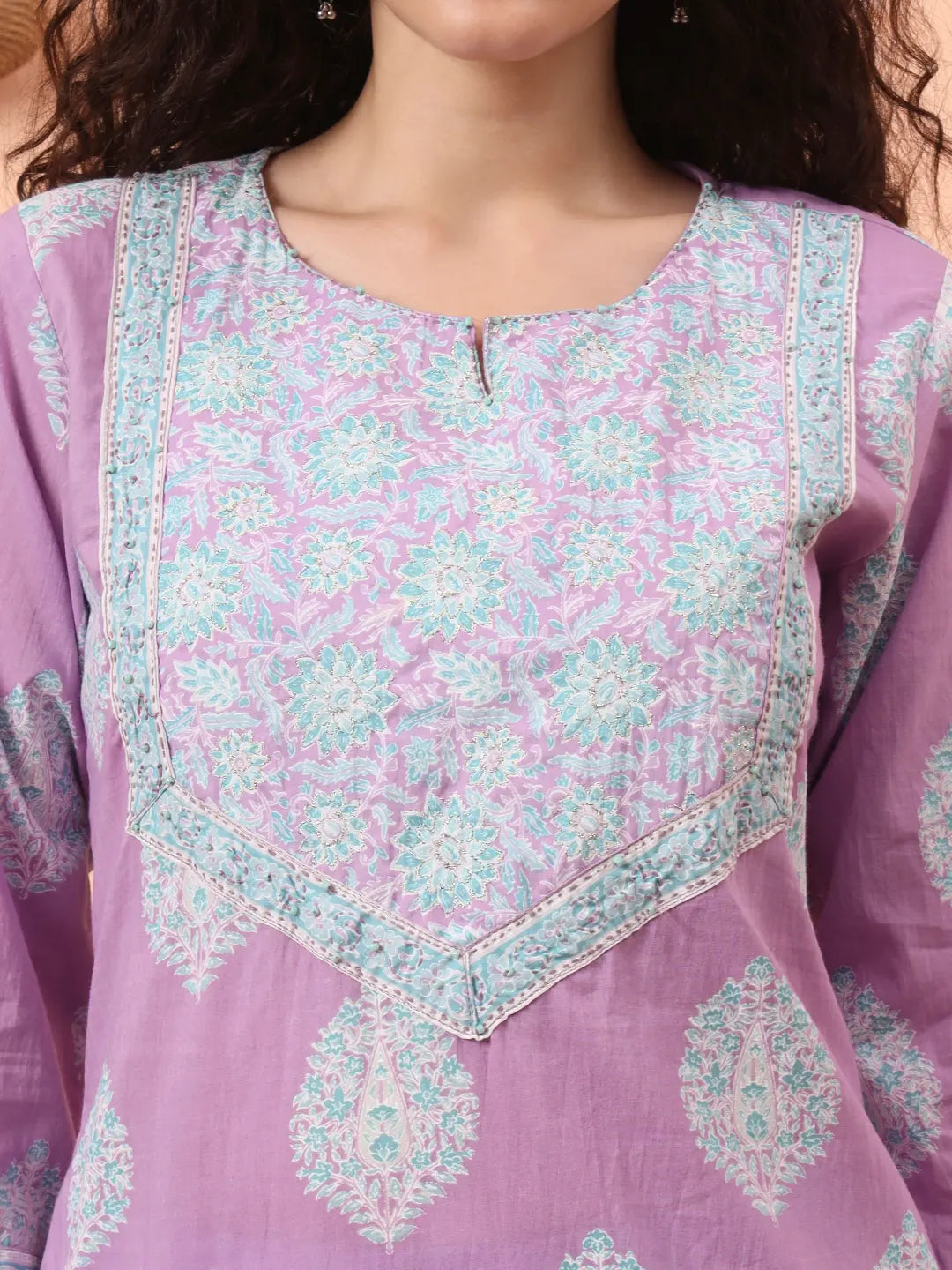Yufta Lavender Straight Ethnic Motifs Zari Kurta Trouser Dupatta Set