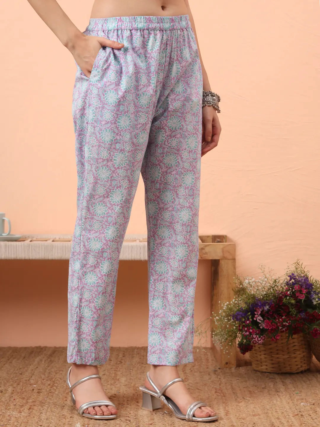 Yufta Lavender Straight Ethnic Motifs Zari Kurta Trouser Dupatta Set