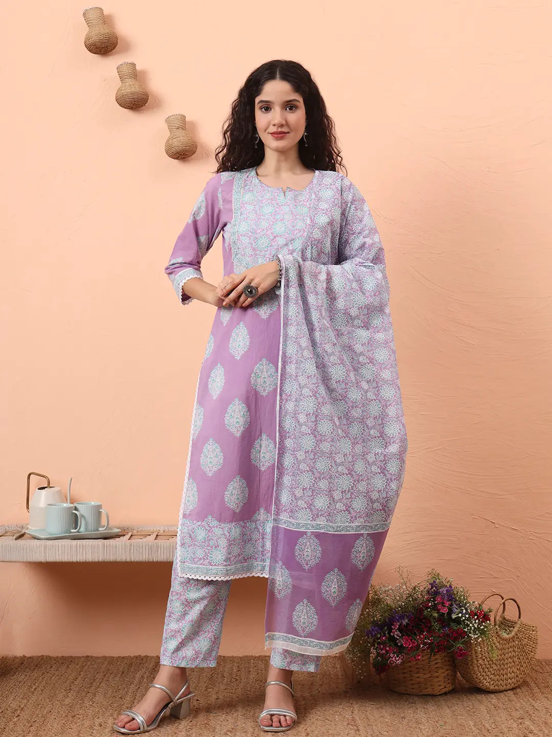 Yufta Lavender Straight Ethnic Motifs Zari Kurta Trouser Dupatta Set