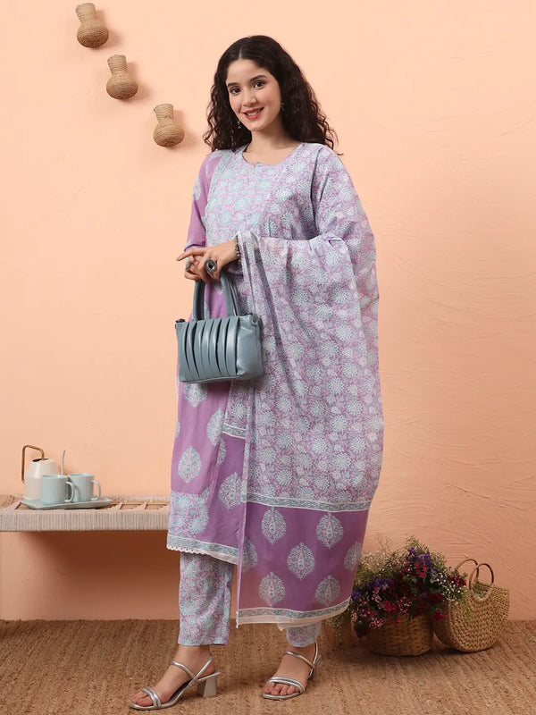 Yufta Lavender Straight Ethnic Motifs Zari Kurta Trouser Dupatta Set