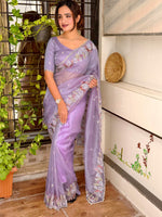 Thumbnail for Evanik Leno Net Organza Embroidered Work Saree With Unstitched Blouse - Distacart