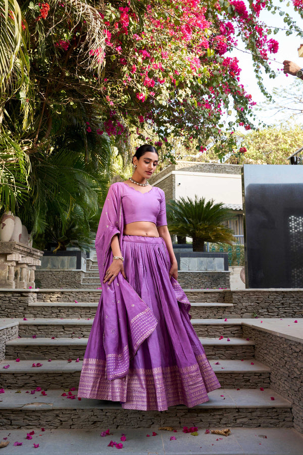 Evanik Women Pure Chanderi Plain With Zari Weaving Work Border Stitched Lehenga With Unstitched Blouse Dupatta(Up to 42)
