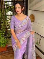 Thumbnail for Evanik Leno Net Organza Embroidered Work Saree With Unstitched Blouse - Distacart