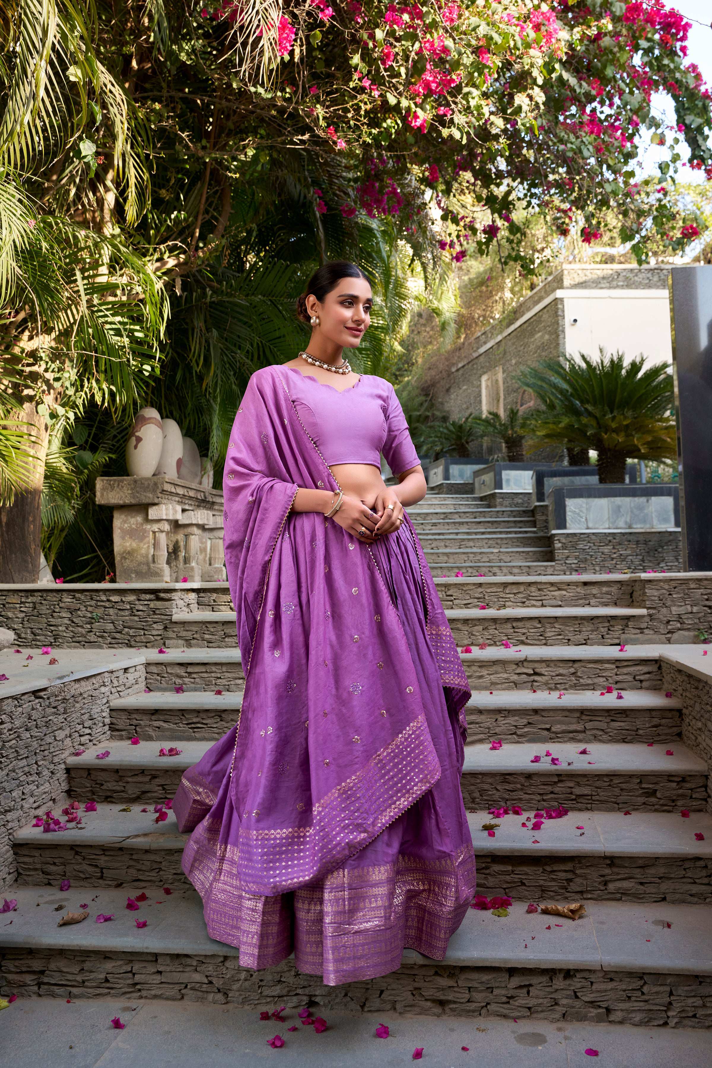 Evanik Women Pure Chanderi Plain With Zari Weaving Work Border Stitched Lehenga With Unstitched Blouse Dupatta(Up to 42)