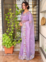 Thumbnail for Evanik Leno Net Organza Embroidered Work Saree With Unstitched Blouse - Distacart