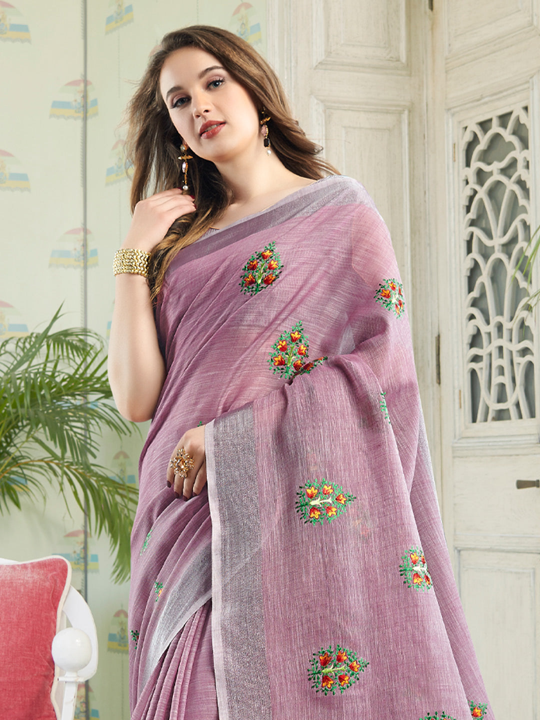 Anaita Lavender Linen Embroidery Saree With Blouse - Dista