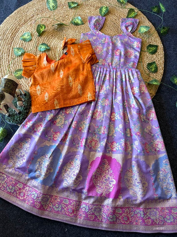 Evanik Festive Wear Lavender Dola Silk zari and thread weaving Gown With Orange Koti - Dista