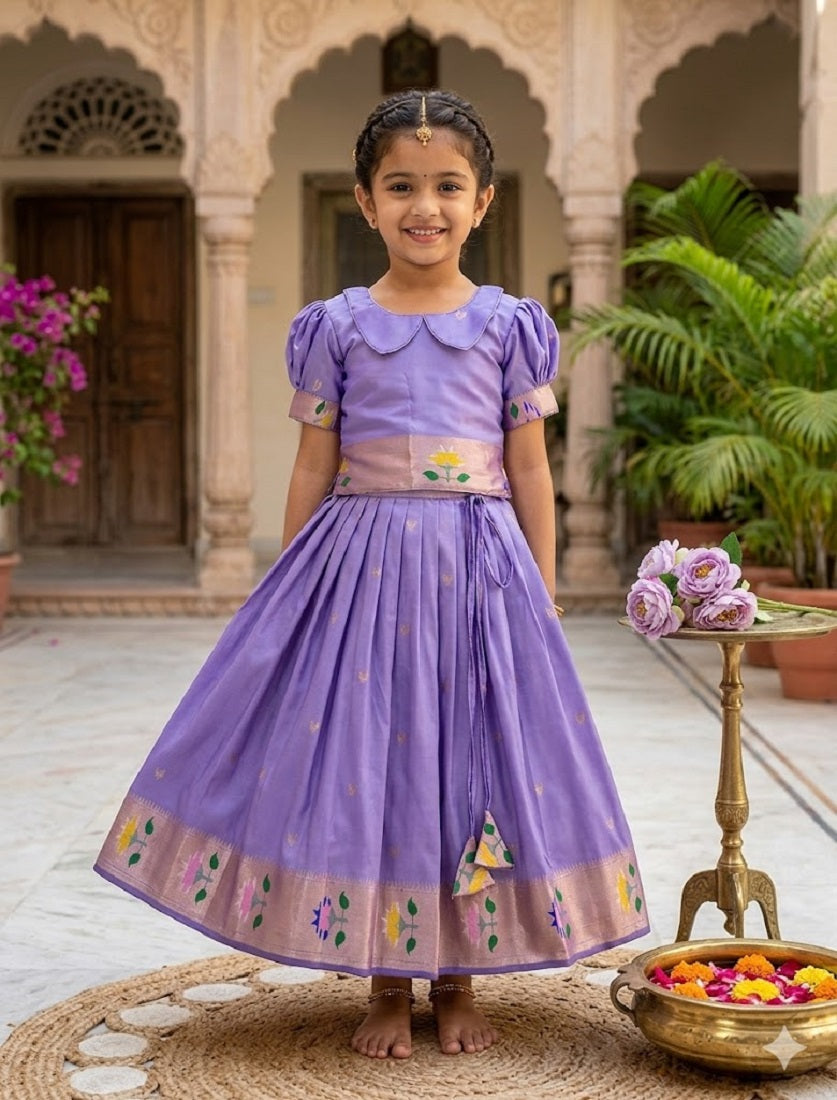 Evanik Purple Soft Silk Paithani Design Zari Weaving Pavadai Lehenga Choli For Kids - Dista