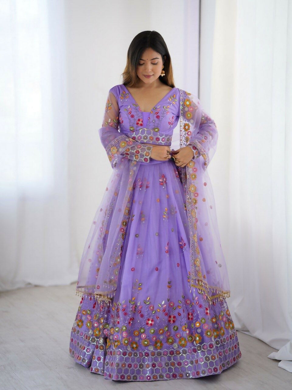 Joban Fashion Purple Lehenga Net Coding Dori with Sequence with Rivet Moti