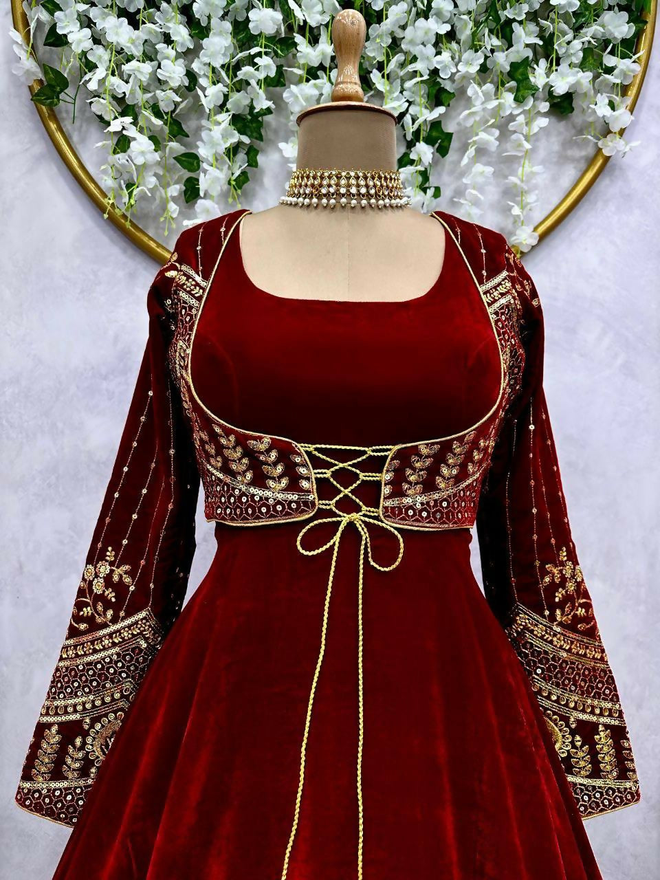 Vastranavya Maroon Velvet Thread With Sequence Work Gown With Koti