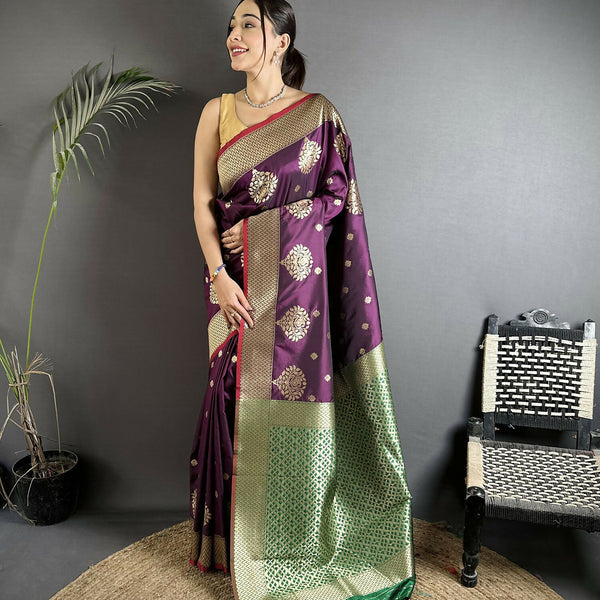 Joban Fashion Purple & Green Woven Butti Soft Silk Banarasi Silk Saree - Distacart