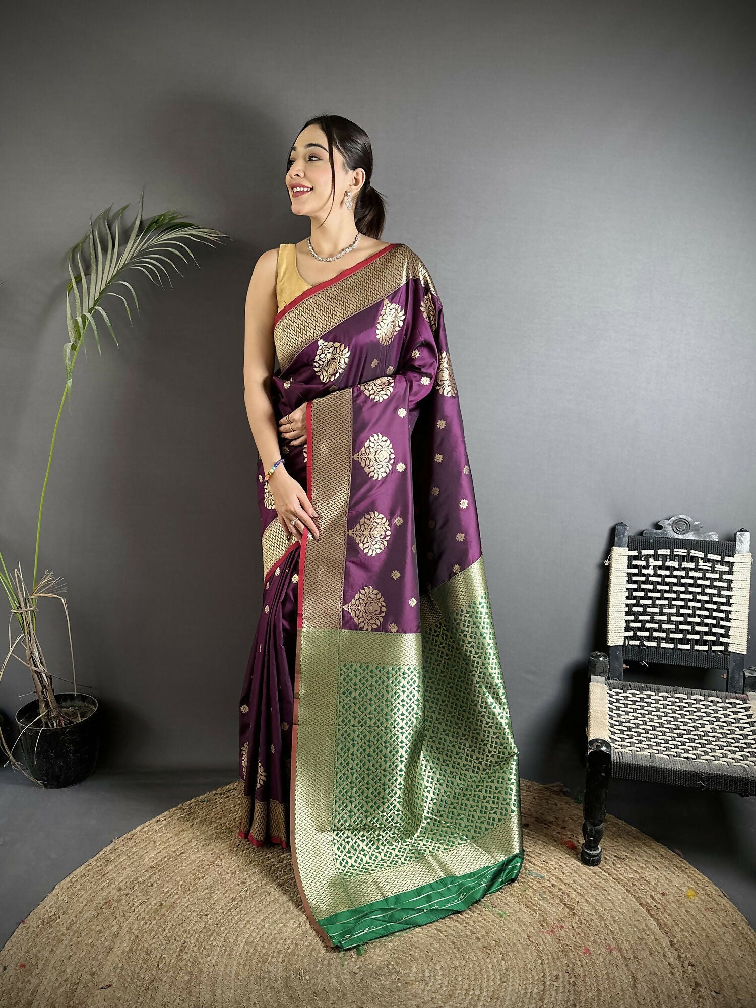 Joban Fashion Purple & Green Woven Butti Soft Silk Banarasi Silk Saree