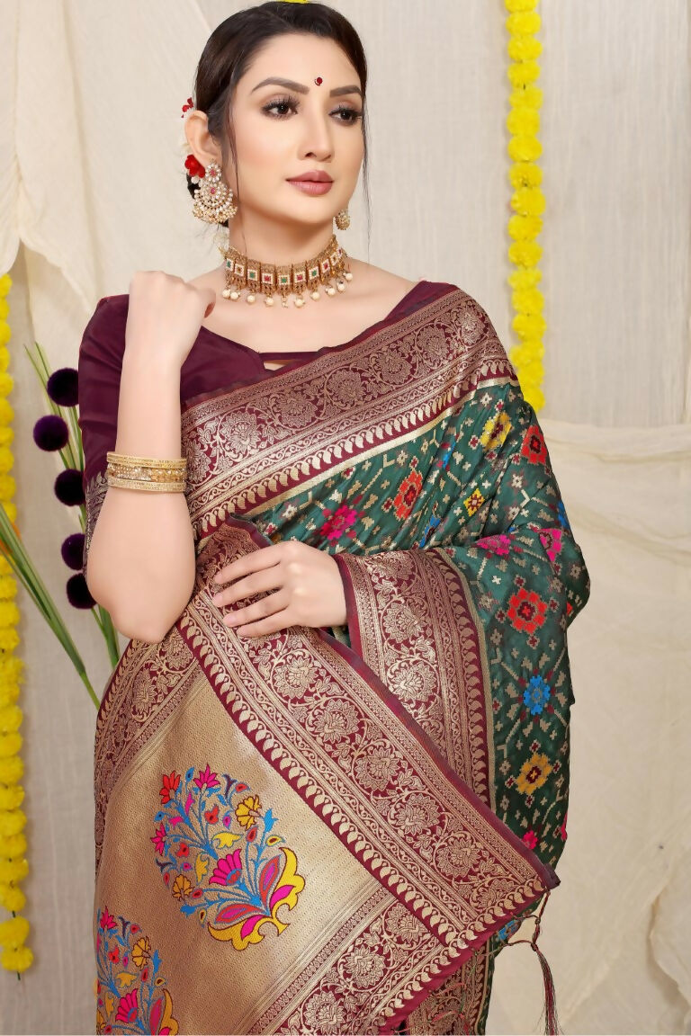 Jyoti Fashion Women's Bottle Green Patola Silk Zari Woven Saree with Blouse - Distacart