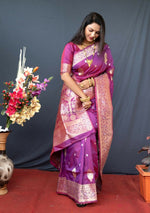 Thumbnail for Jyoti Fashion Women's Purple Paithani Silk Zari Woven Saree with Blouse - Distacart