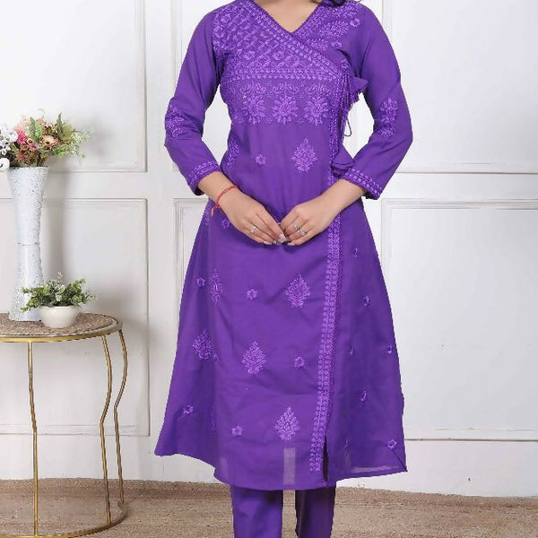 Miravan Womens Purple Floral Printed Angrakha Style Kurta With Palazzo - Distacart