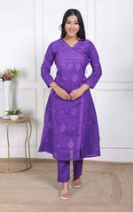 Thumbnail for Miravan Womens Purple Floral Printed Angrakha Style Kurta With Palazzo - Distacart