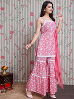 Thumbnail for Ode by House of Pataudi Floral Printed Pure Cotton Straight Kurti with Sharara & Dupatta - Distacart
