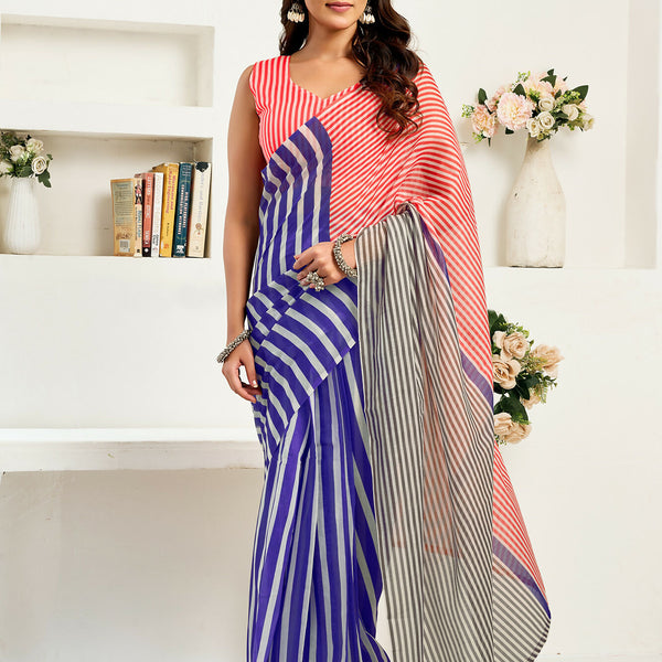 Vastranavya Royal Blue Digital Printed Linen Ready To Wear Designer Saree with Unstitched Blouse - Distacart