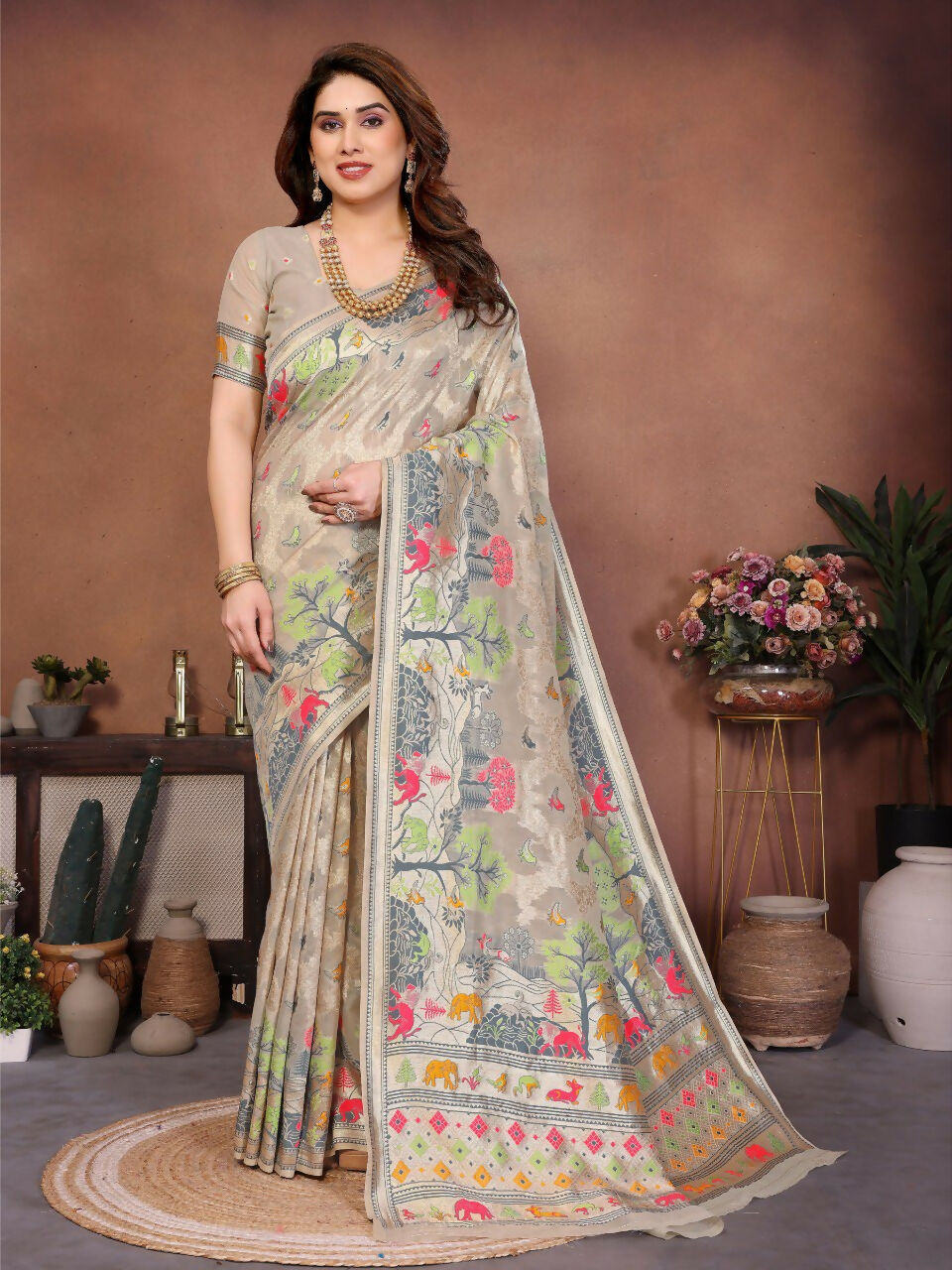 Teeya Creation New Latest Trendy Wedding Wear Pashmina Silk Saree-Cream - Dista