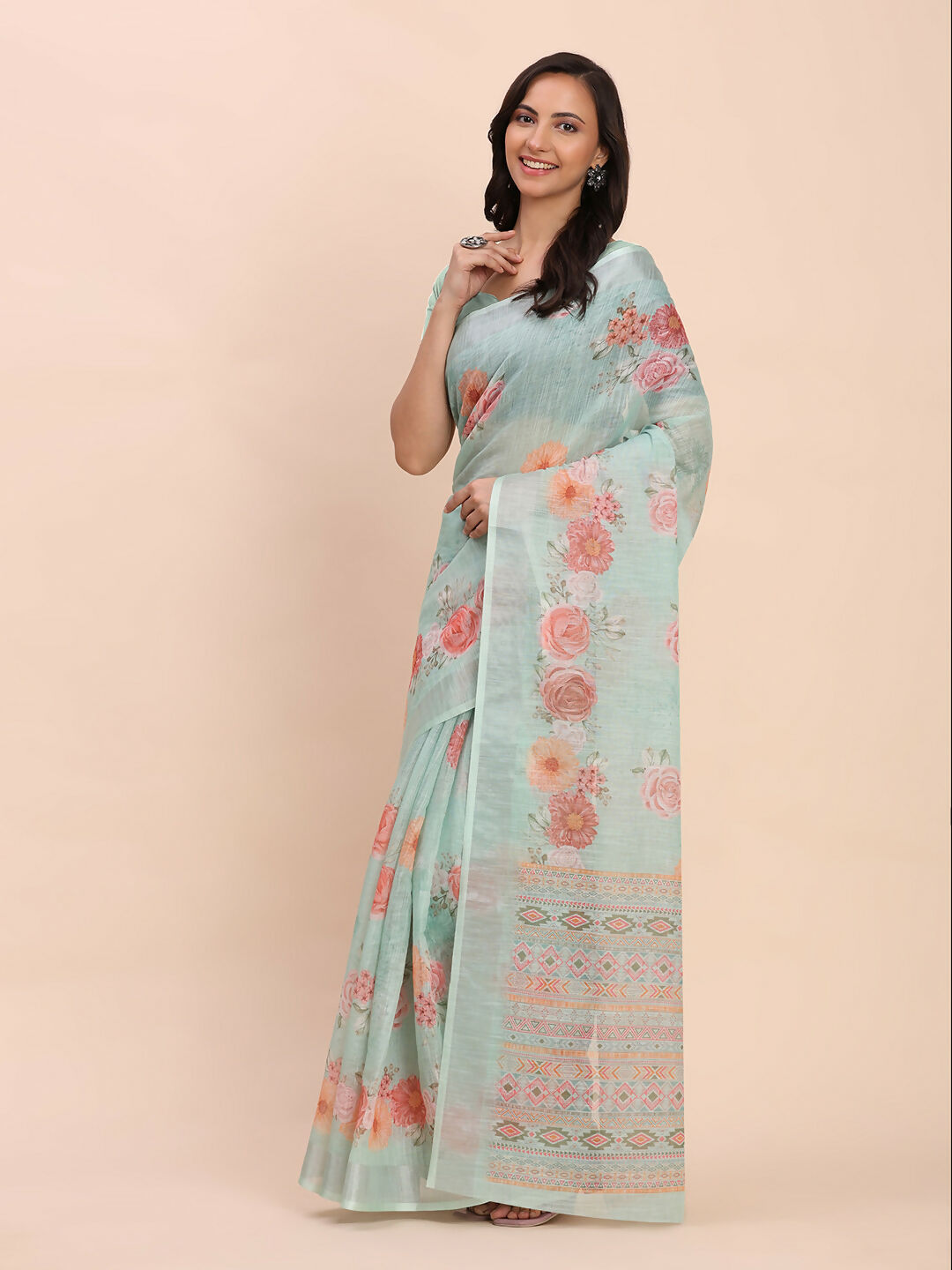 Astita Linen Cotton Sea Green Saree