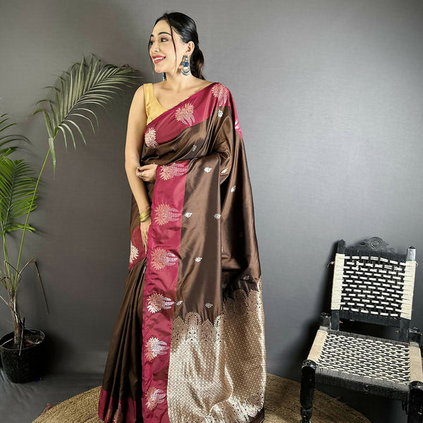 Joban Fashion Brown Small Butti Soft Silk Banarasi Saree - Distacart