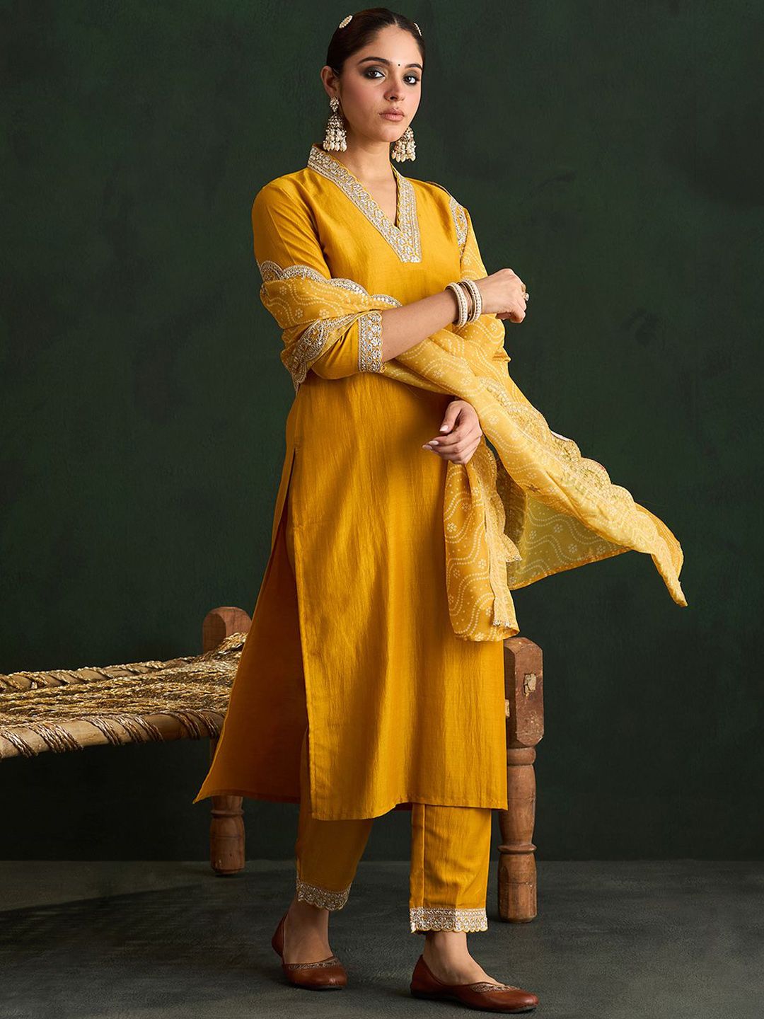 Indo Era Mustard Yellow Floral Embroidered V-Neck Straight Kurta with Trousers & Dupatta