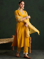 Thumbnail for Indo Era Mustard Yellow Floral Embroidered V-Neck Straight Kurta with Trousers & Dupatta