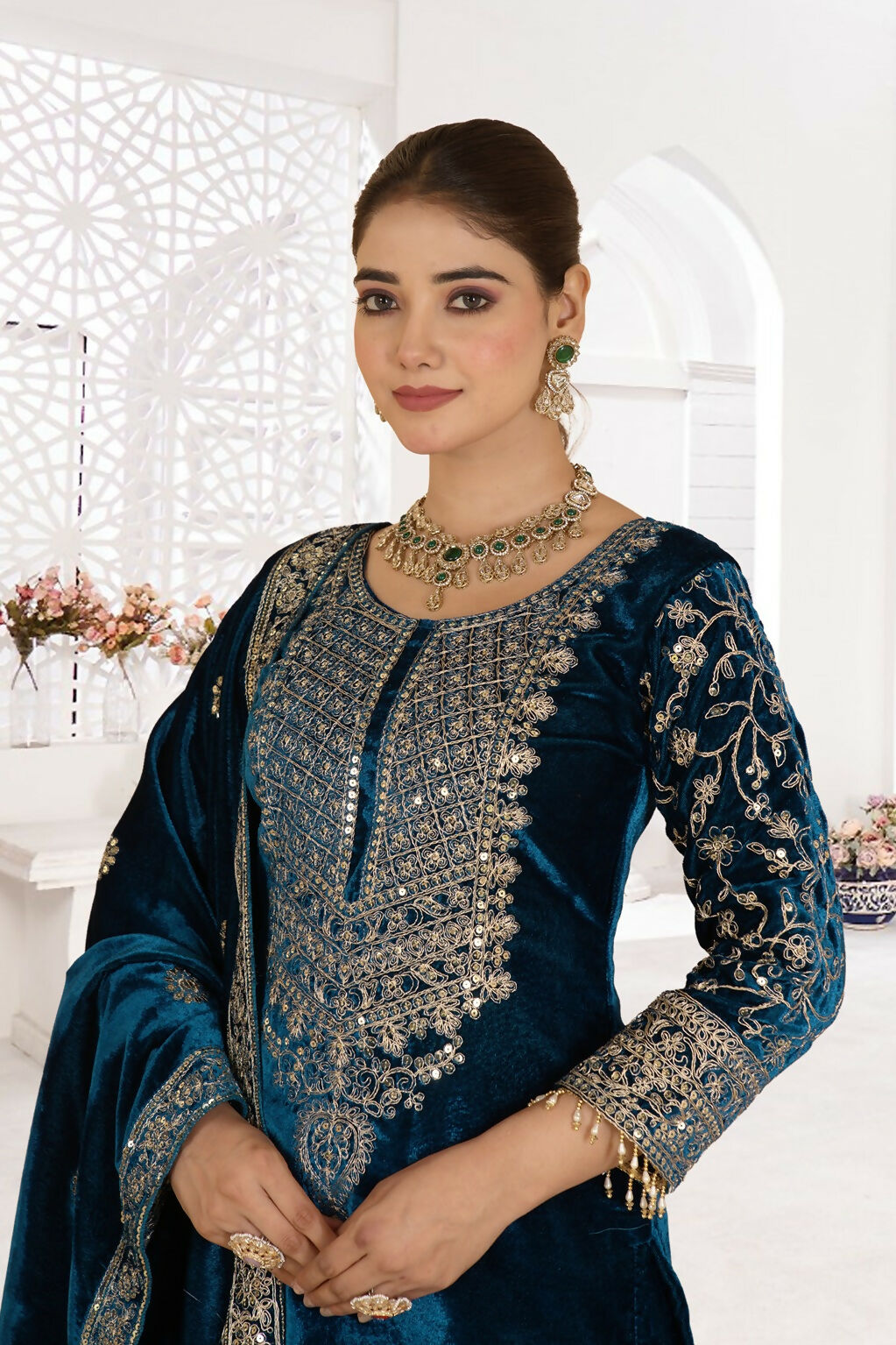 Joban Fashion Blue Velvet Sequence Embroidery Work Kurta Set