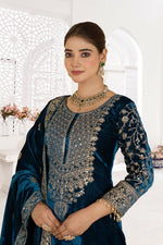 Thumbnail for Joban Fashion Blue Velvet Sequence Embroidery Work Kurta Set