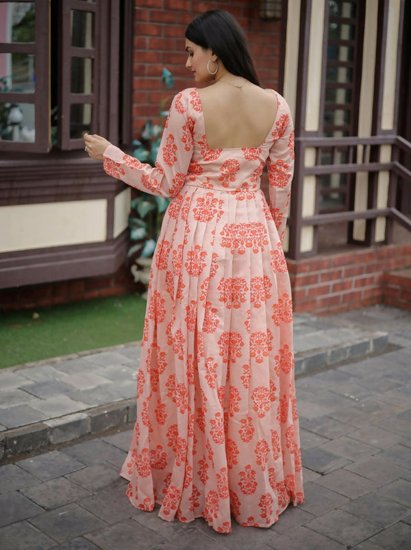 Jyoti Fashion Women's Peach Heavy Digital Printed Pure Chanderi Anarkali Dress - Distacart