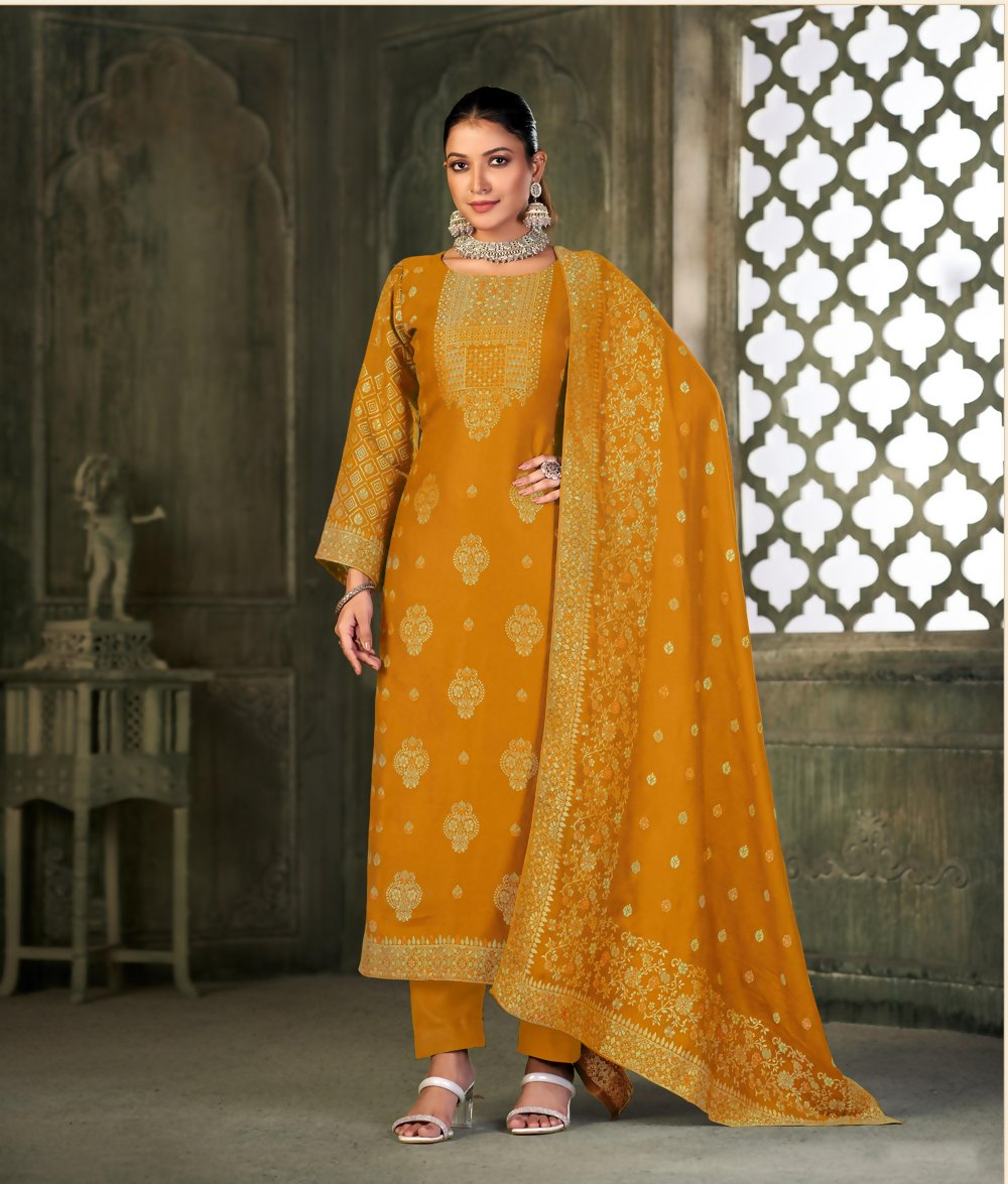 Mustard Viscose Pasmina Mina Work Kurta & Bottom with Dupatta - Paridhi - Distacart