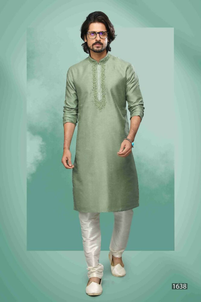 Raivat Ethnic Art Silk Mirror Embroidery Work Kurta Pajama In Light Green Colour - Dista