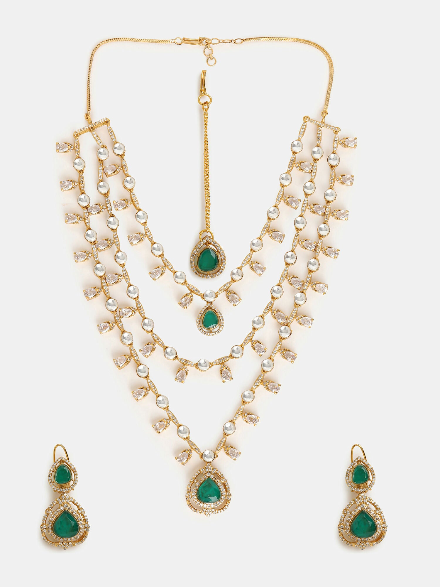 Ruby Raang 22k Gold Polished Layered Kundan And Emerald Necklace With Earrings And Maang Tikka