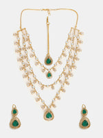 Thumbnail for Ruby Raang 22k Gold Polished Layered Kundan And Emerald Necklace With Earrings And Maang Tikka