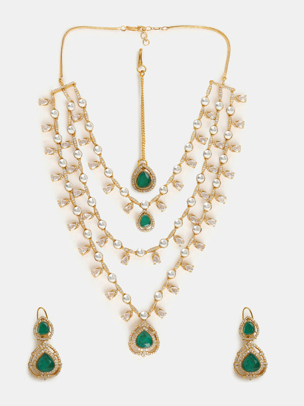 Ruby Raang 22k Gold Polished Layered Kundan And Emerald Necklace With Earrings And Maang Tikka