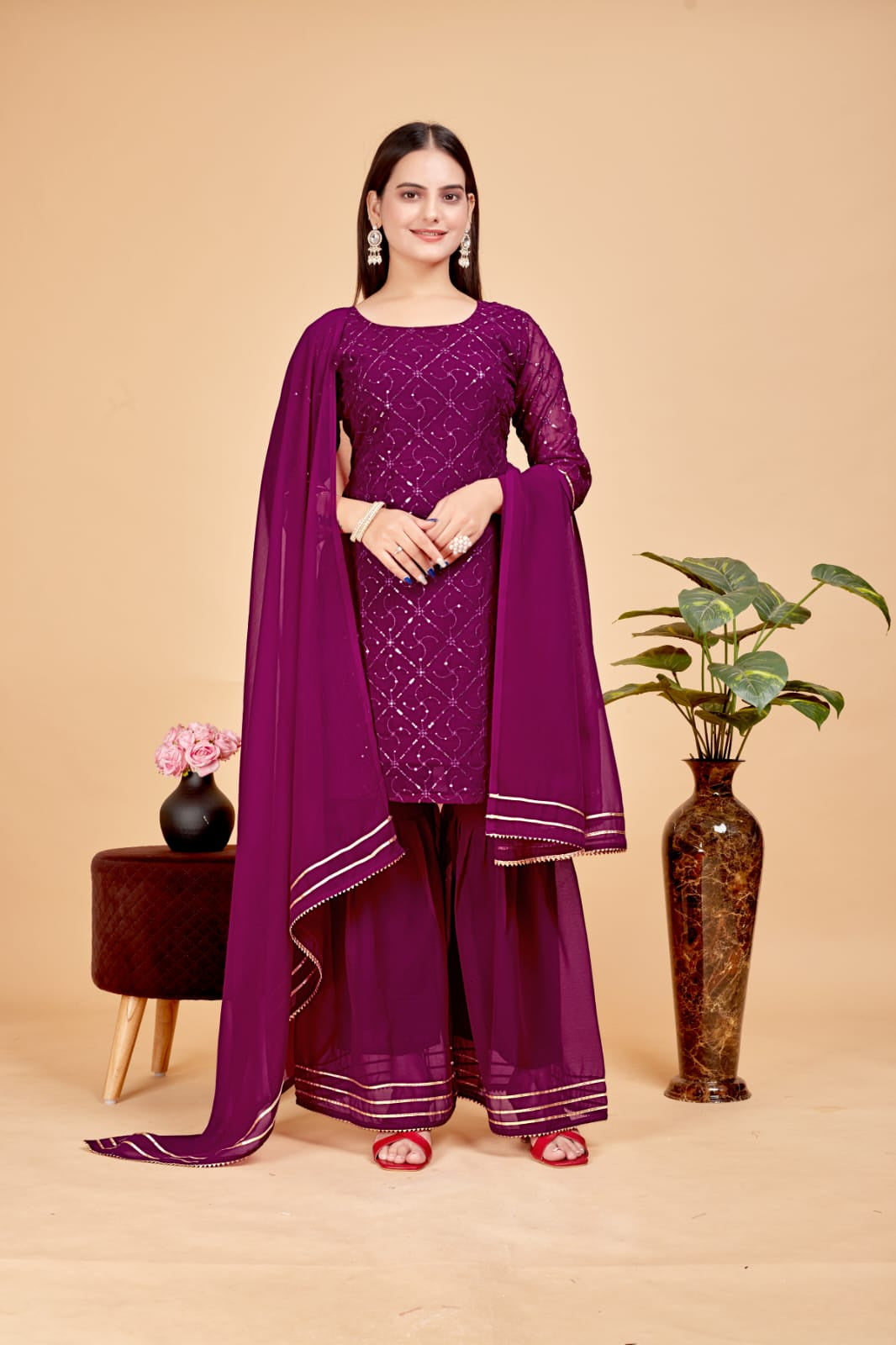 Women's A-Line Purple Kurta and Sharara With Dupatta Set - A2M - Distacart