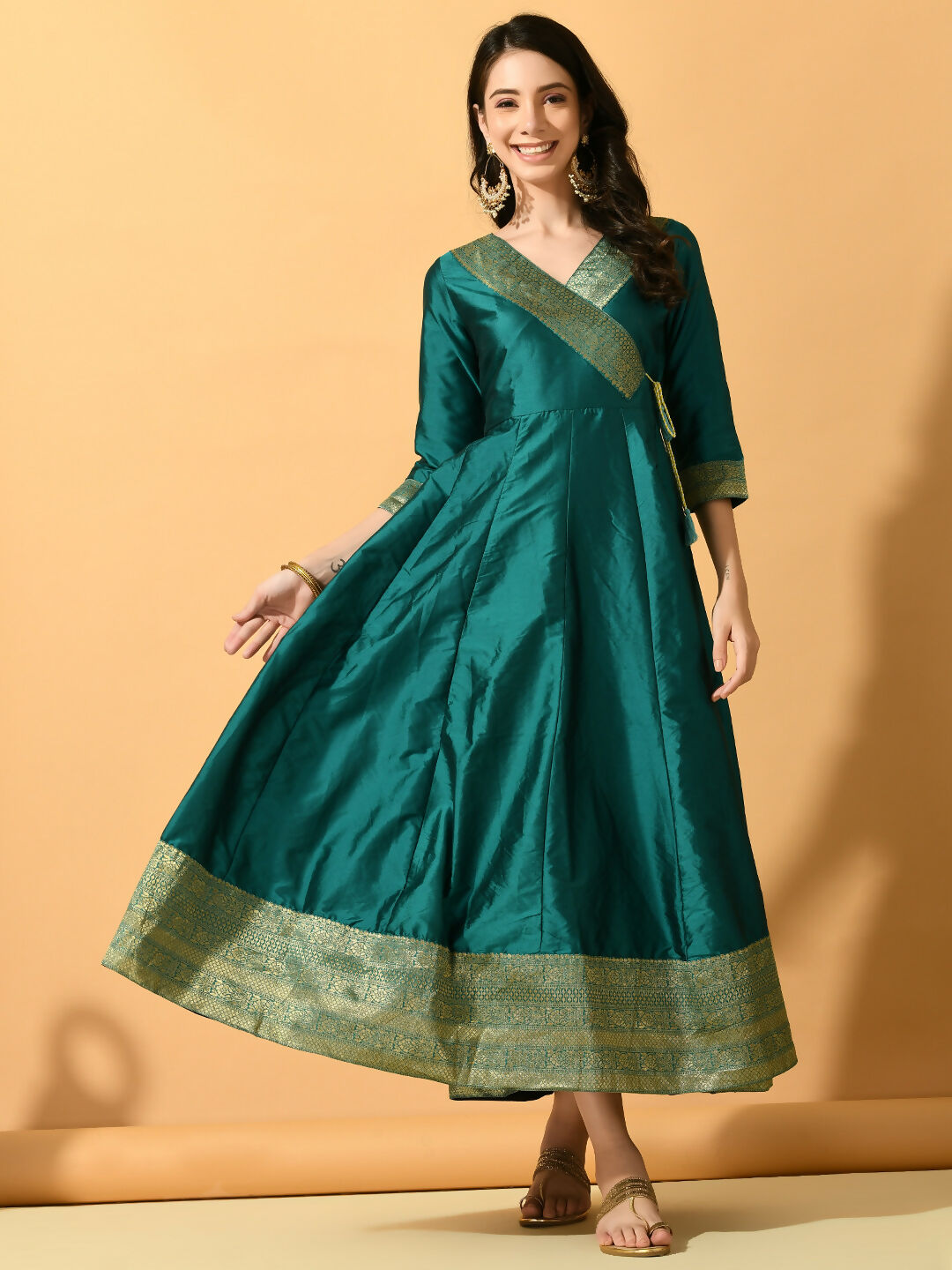 Myshka Women's Green Silk Festive Anarkali Kurta - Distacart