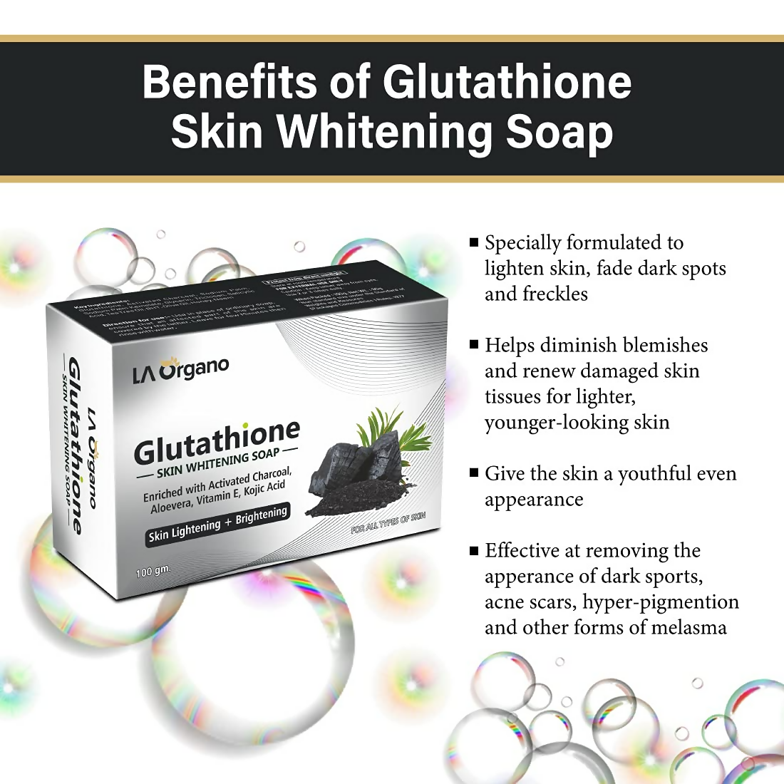 LA Organo Glutathione Activated Charcoal Skin Whitening Soap - Distacart