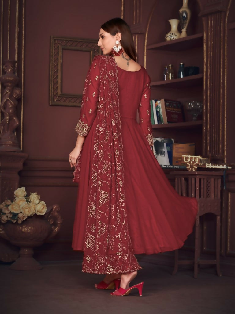 Jyoti Fashion Women's Maroon Georgette Embroidered Anarkali Kurta Pant Set With Dupatta - Distacart