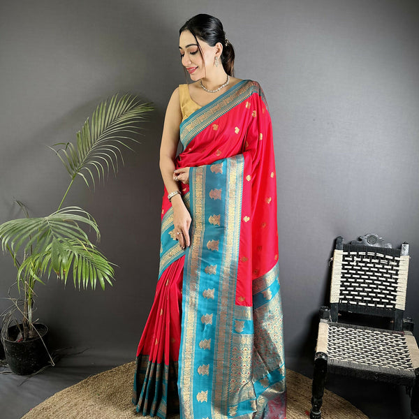 Joban Fashion Hot Pink Banarasi Soft Silk Woven Butti Saree