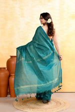 Thumbnail for Piyari Fashion Women's Teal Embellished Cotton Blend Zari Check Handloom Saree - Distacart