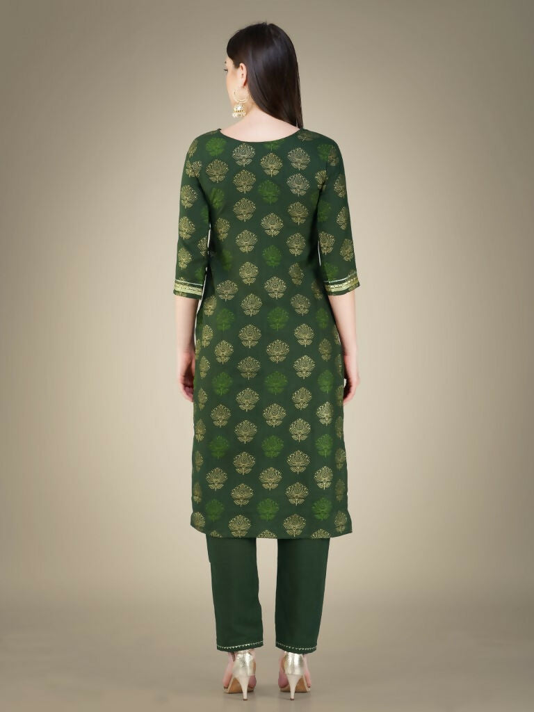 Jyoti Fashion Women's Dark Green Cotton Magic Slub Embroidery & Sequence work Kurta with Trouser & Dupatta - Distacart