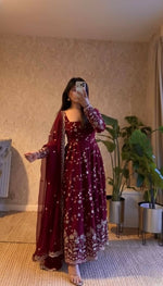 Thumbnail for Teeya Creation Maroon Color Faux Georgette Long Party Wear Gown - Distacart