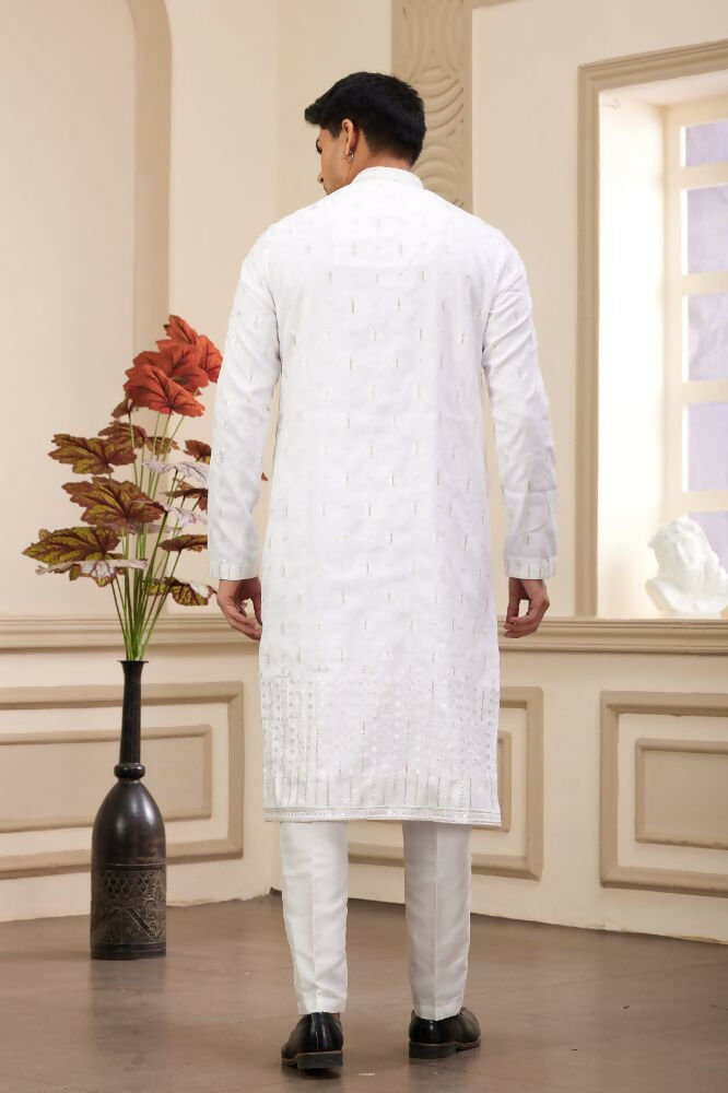 Raivat Ethnic Art Silk Thread Work Kurta Pajama In Off White Colour