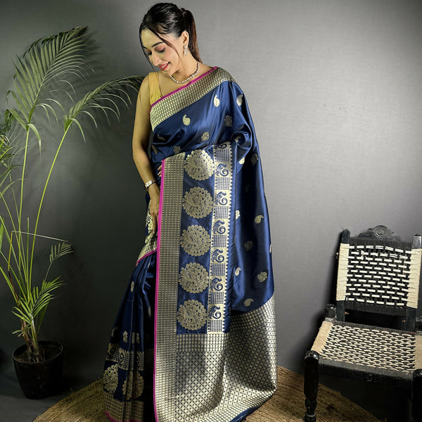 Joban Fashion Navy Blue Banarasi Soft Lichi Silk Paisley Saree